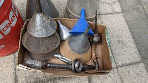 lot 176 image: Lot of Funnels and a Five Gallon Hydraulic OIl Can