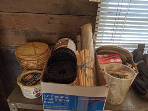 lot 157 image: Lot of Metal Shelf and Contents (Door hardware, nuts, bolts, new tool bag, etc.)