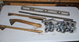 lot 40 image: Vintage Hand Tools, a Level, and (3) Sets of Roller Wheels