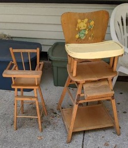 lot 801 image: Vintage Solid Wood Convertible High Chair, Vintage Solid Wood Doll High Chair
