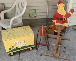 lot 802 image: Beautiful Antique Toy Chest, (2) Antique Rocking Horses, & Large Santa Decoration