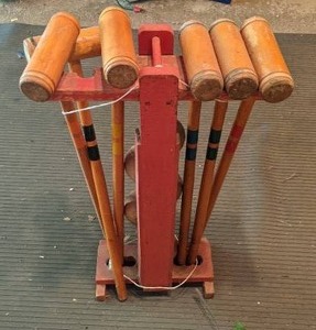 lot 806 image: Vintage Six Player Wood Croquet Set with Red Stand
