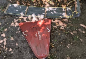 lot 818 image: Vintage Mid-Century Snow Wing Red Metal Sled by Blazon & Rare Vintage metal toboggan snow sled