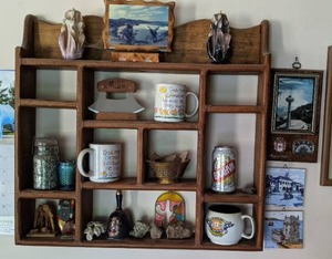 lot 248 image: Vintage Wall Shelf and Everything On It Plus Wall Decor