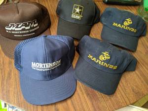 lot 854 image: Lot of (5) Baseball  Trucker Caps Marines, US Army, Mortenson Construction