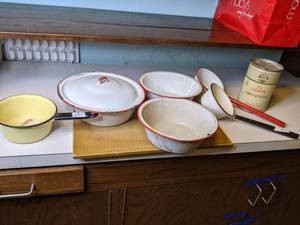 lot 865 image: Vintage Enamel Pans, Vintage Cutting Board, and Vintage Stanhome EZ Cleaner