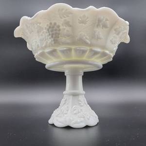 Vintage 1940s Paneled Grape White Milk Glass by Westmoreland Bell Footed Lipped Bowl