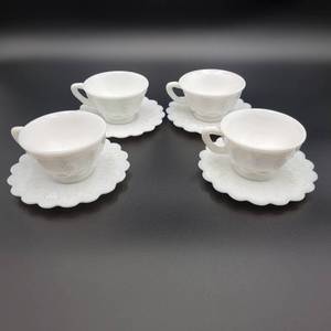 8 Vintage 1940s Paneled Grape White Milk Glass by Westmoreland  Tea Set- 4 Tea Cups, 4 Saucers