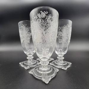 Set of 4 Antique 1930s Titania Etched Glasses on the Carcassone Blank-EXTREMELY RARE ($400 Value)