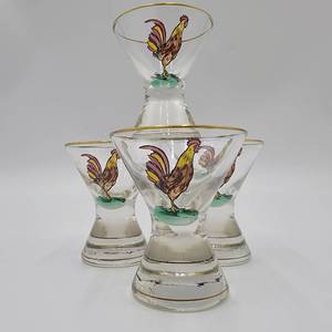Set of 4 Rare Vintage Hand-Painted Rooster ShotCocktail Glasses W Gold Rims