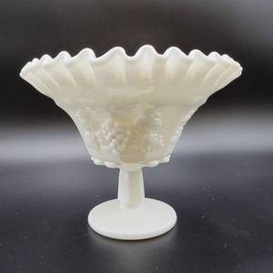 Vintage 1940s Paneled Grape White Milk Glass by Westmoreland Crimped Comport Dish