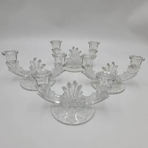 2 Set of Antique 1930s Fostoria Chintz Baroque Etched Shaped Double Candlesticks-4 Candlesticks