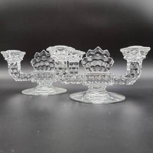 2 Antique 1930s Fostoria American Clear Cube Pressed Glass Double Candlesticks