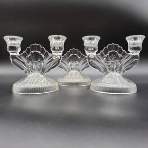 3 Antique 1930s Jeannettte Iris & Herringbone Double Light Candlestick