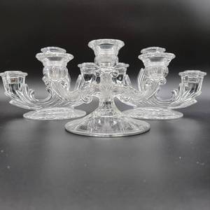 Elegant Antique 1930s Cambridge and Fostoria Candle Holders- 2 Navarre Clear By Fostoria & 1 Cambridge 3 Candle Holder