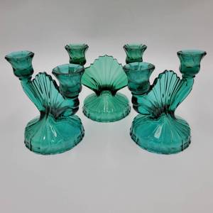 Antique 1930s Swirl Ultramarine Depression Glass Double Light Candlesticks by Jeannette