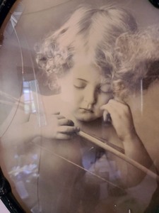 lot 387 image: Antique Cupid Sleeping Print in Carved Frame