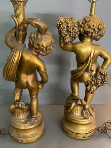 lot 345 image: Incredible Vintage Gilded Cherub Hollywood Regency Pair of Lamps