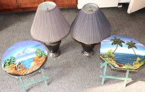 (2) Hand Painted Mexican Stools & (2) Lamps