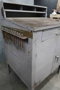 lot 11 image: LARGE METAL CABINENT WITH 14 DIFFERENT TORCH HEADS