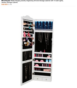 lot 2 image: Mind Reader White Hanging Jewelry Organizing Armoire Storage Cabinet with 14 LED Lights, Jewelry Storage Cabinet