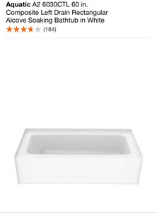 lot 65 image: Aquatic A2 6030CTL 60 in. Composite Left Drain Rectangular Alcove Soaking Bathtub in White. See Pictures
