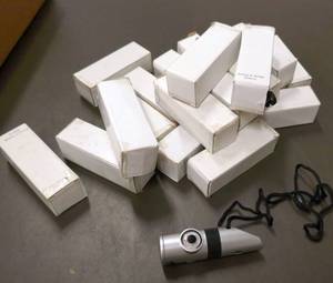 lot 9 image: 20 Survival kit whistles for camping, boy scouts - has a compass, whistle, mirror, thermometer, match storage