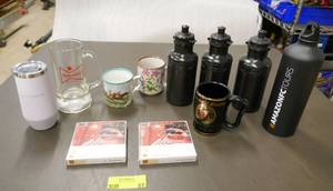 lot 57 image: 3 new plastic water bottles, 2 new metal water bottles, budweiser glass, UofM coffee cup, new coasters