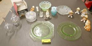 lot 58 image: Crystal, depression glass, hobnail and figures, the 2 bells are of Mickey and Disneyland and Ford Tractors