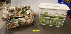 lot 105 image: 2 very cute kleenex box covers - couch and a storage box with 2 drawers underneath for small items