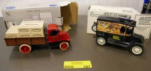 lot 107 image: 2 collector toys - Anheuser Busch truck with crates in the back and a Husker Harvest wagon, both are banks
