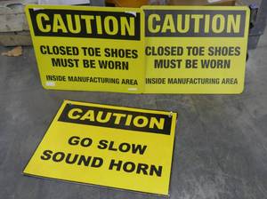 lot 168 image: 3 Safety Signs - Sound Horn, Closed Toe Shoes - all are plastic