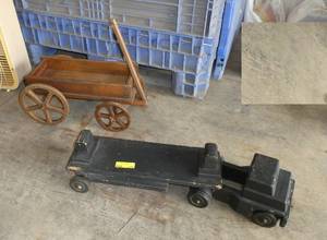 lot 174 image: Wood wagon and semi truck and trailer