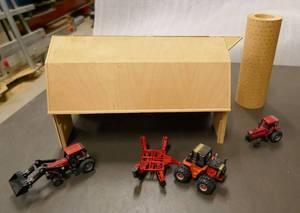 lot 111 image: group of 3 mini tractors 164 (hot wheels size) with barn