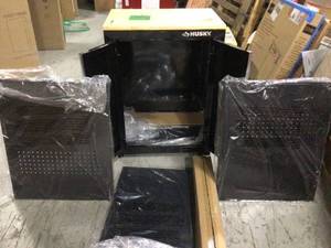 lot 1 image: Ready-to-Assemble 24-Gauge Steel 2-Door Garage Base Cabinet in Black (28 in. W x 32 in. H x 18 in. D) by Husky WHIT SMALL DAMAGE PLEASE REVIEW THE PICTURES