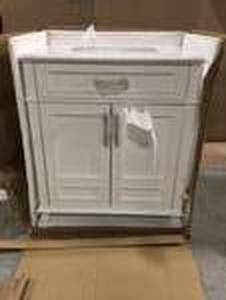 lot 5 image: Home Decorators Highgate 30 in. W x 22 in. D Bath Vanity in White with Cultured Marble Vanity Top in White with White Basin damage see pictures
