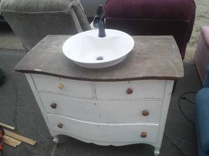 lot 57 image: Vintage Dresser  Sink Restyled for your bathroom plus mirror and attached frame.