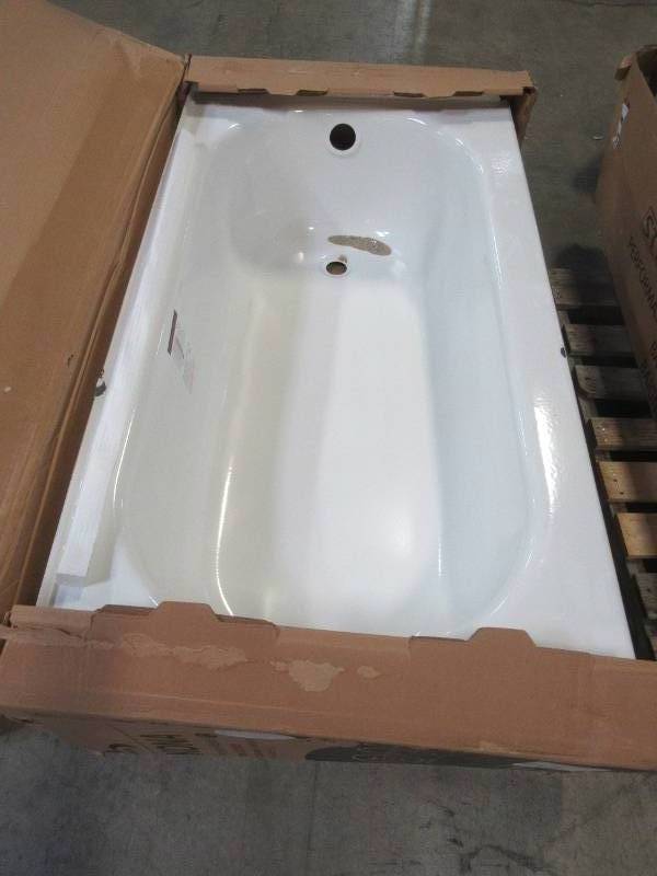 lot 526 image: Bootz Industries Kona 54 x 30 x 15 14 Right Drain Rectangular Alcove Soaking Bathtub in White. - Enamel Damage on Top Middle of Threshold.