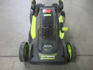 lot 17 image: Ryobi 20 in. 40-Volt 6.0 Ah Lithium-Ion Battery Brushless Cordless Walk Behind Self-Propelled Lawn Mower RY401120-Y