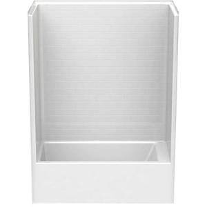 lot 538 image: Aquatic Everyday Subway Tile 60 in. x 32 in. x 80 in. 1-Piece Bath and Shower Kit with Left Drain in White, 6032STTL-WHHD. - Slight Crack on LH Back Corner Drian Side (Does not go through).