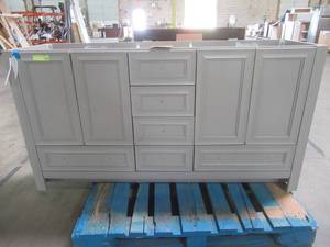 lot 102 image: Glacier Bay Candlesby 60 in. W x 19 in. D Bathroom Vanity in Sterling Gray, CD60P2-ST.- Cabinet Only - Cracks on LH Front Side and Cabinet Door.