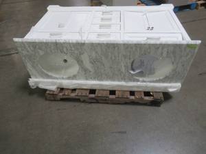 lot 104 image: Windlowe 61 in. W x 22 in. D x 35 in. H Bath Vanity in White with Carrera Marble Vanity Top in White with White Basin - Scratch and dent - for partsrestore.