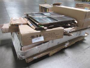 lot 111 image: WHOLESALE MIXED PALLET OF MISCELLANEOUS DOOR WINDOW INSERTS AND OTHER BUILDING MATERIALS