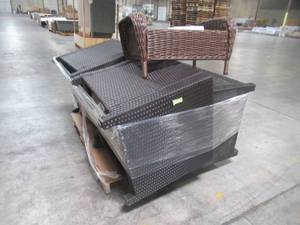 lot 136 image: Noble House Primrose Dark Brown 3-Piece All Weather Faux Wicker Patio Conversation Set with Beige Cushions 67346