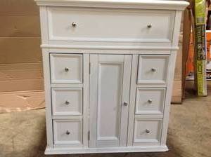 lot 19 image: Hampton Harbor 28 in. W x 22 in. D Bath Vanity in White with Natural Marble Vanity Top in White by Home Decorators Collection Customer Returns See Pictures