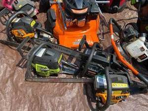 lot 60 image: Pallet with Outdoor Power Lawn Mowers, Snowblowers and chainsaws coistumer returns for parts o repair