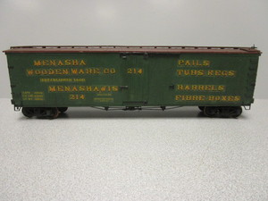 lot 152 image: SCRATCH BUILT O-SCALE 50 MENASHA WOODEN WARE WOODSIDED BOXCAR