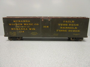 lot 154 image: SCRATCH BUILT O-SCALE 50 MENASHA WOODEN WARE WOODSIDED BOXCAR
