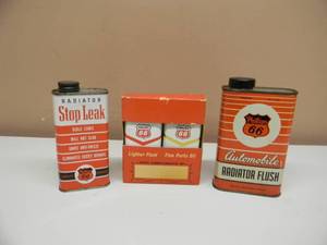 lot 8 image: RARE - VINTAGE PHILLIPS 66 CANS LIGHTER FLUID  FINE PARTS OIL, STILL IN BOX - RADIATOR FLUSH & RADIATOR STOP LEAK - GREAT SET - SEE PICTURES