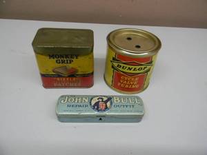 lot 10 image: VINTAGE MONKEY GRIP SIZZLE PATCHES CAN, FULL - VINTAGE DUNLAP CYCLE VALVE TUBING, FULL - VINTAGE JOHN BULL REPAIR OUTFIT, FULL - SEE PICTURES